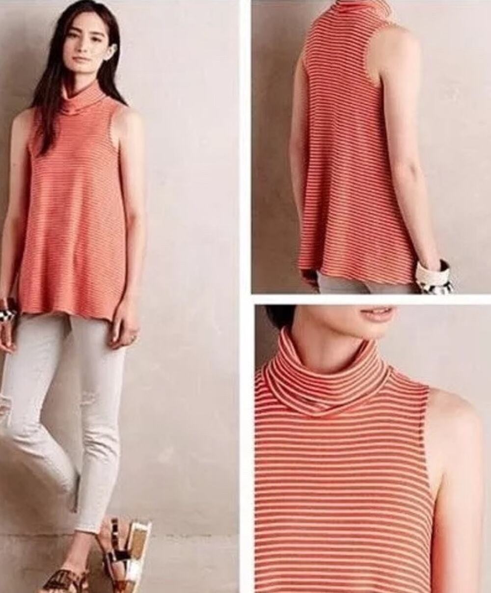 Anthropologie Anthro Puella Mock Neck Rib Orange Striped Swing Tank Tunic Top S